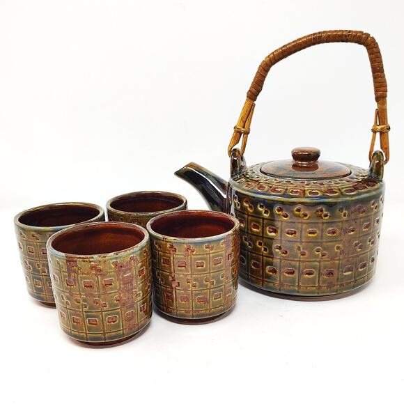 Pier 1 Other - Pier 1 Imports Tenmokuyu Stoneware Teapot Tea Set Bamboo Japanese
